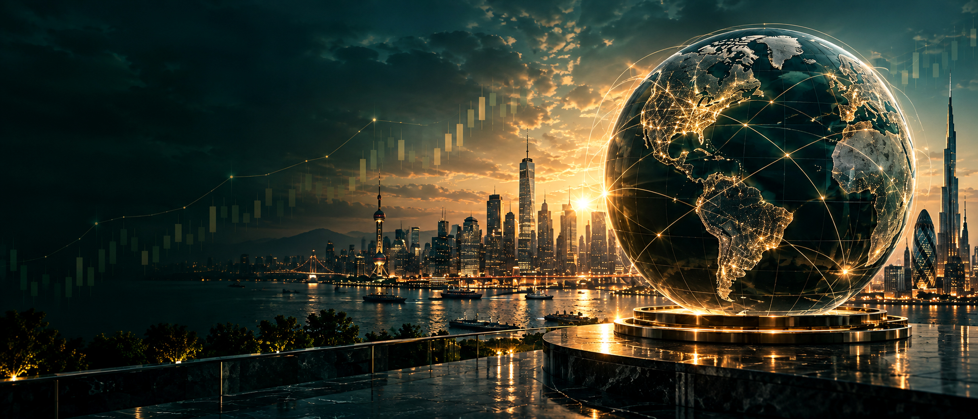 Global financial markets connected across a city skyline